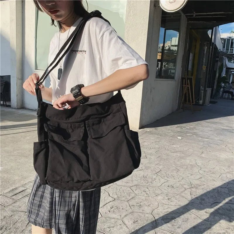 Women's Vintage Canvas Tote Bag - Multi-Pocket Crossbody | Spring - Black 2