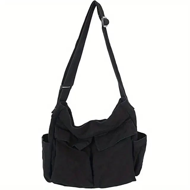 Women's Vintage Canvas Tote Bag - Multi-Pocket Crossbody | Spring - Black