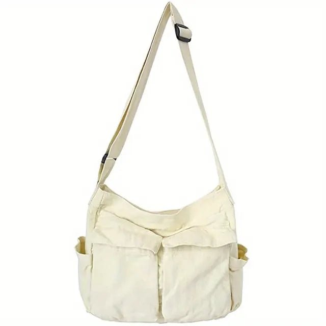 Women's Vintage Canvas Tote Bag - Multi-Pocket Crossbody | Spring - White