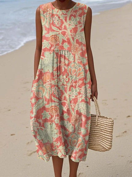 Women's Vintage Floral Sleeveless Dress - Timeless Summer Style - Sleeveless