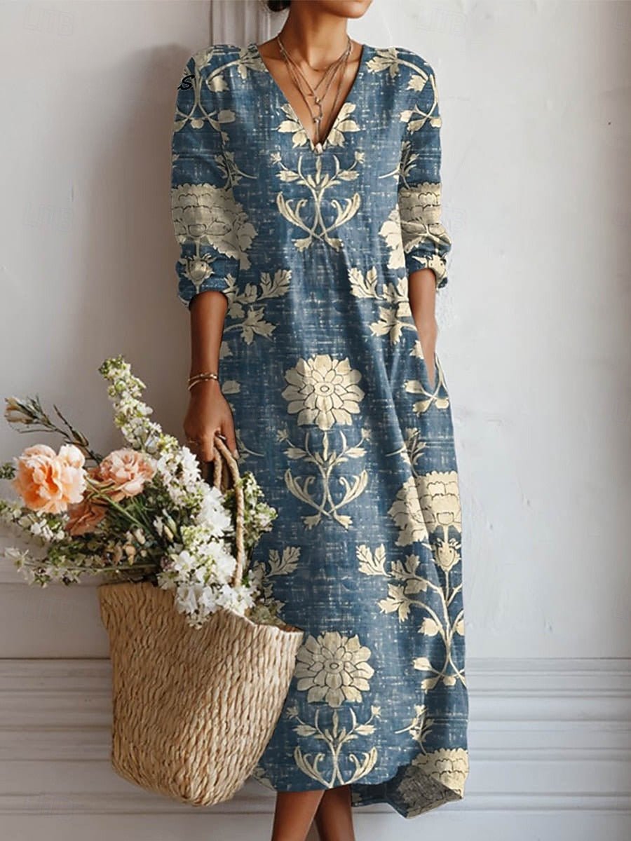 Women's Vintage Floral V-Neck Maxi Dress - Relaxed Fit | Spring - Multicolor