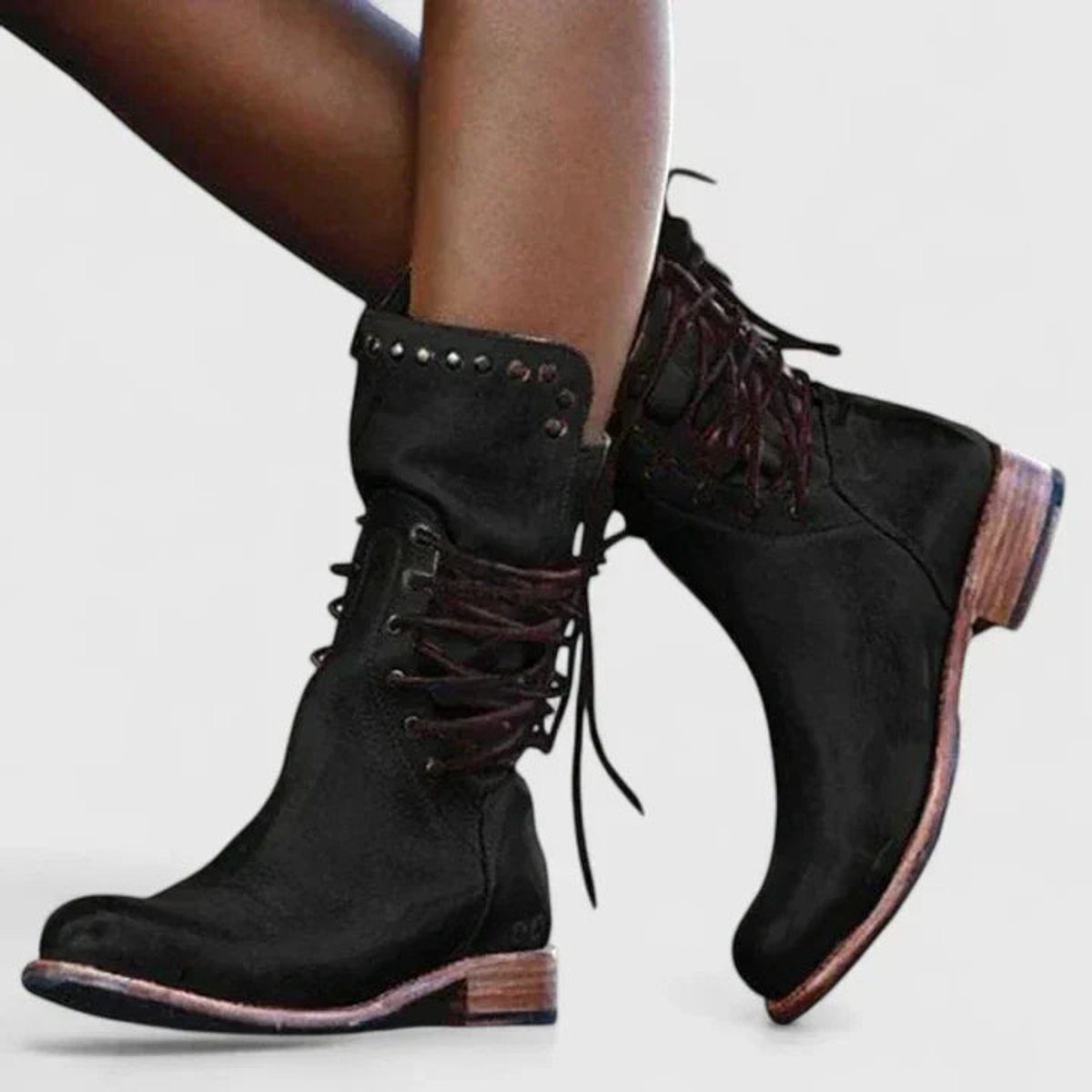 Women's Vintage Lace-Up Studded Knee High Boots Block Heel | Autumn - Black