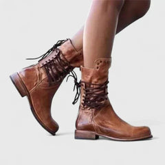 Women's Vintage Lace-Up Studded Knee High Boots Block Heel | Autumn - Brown