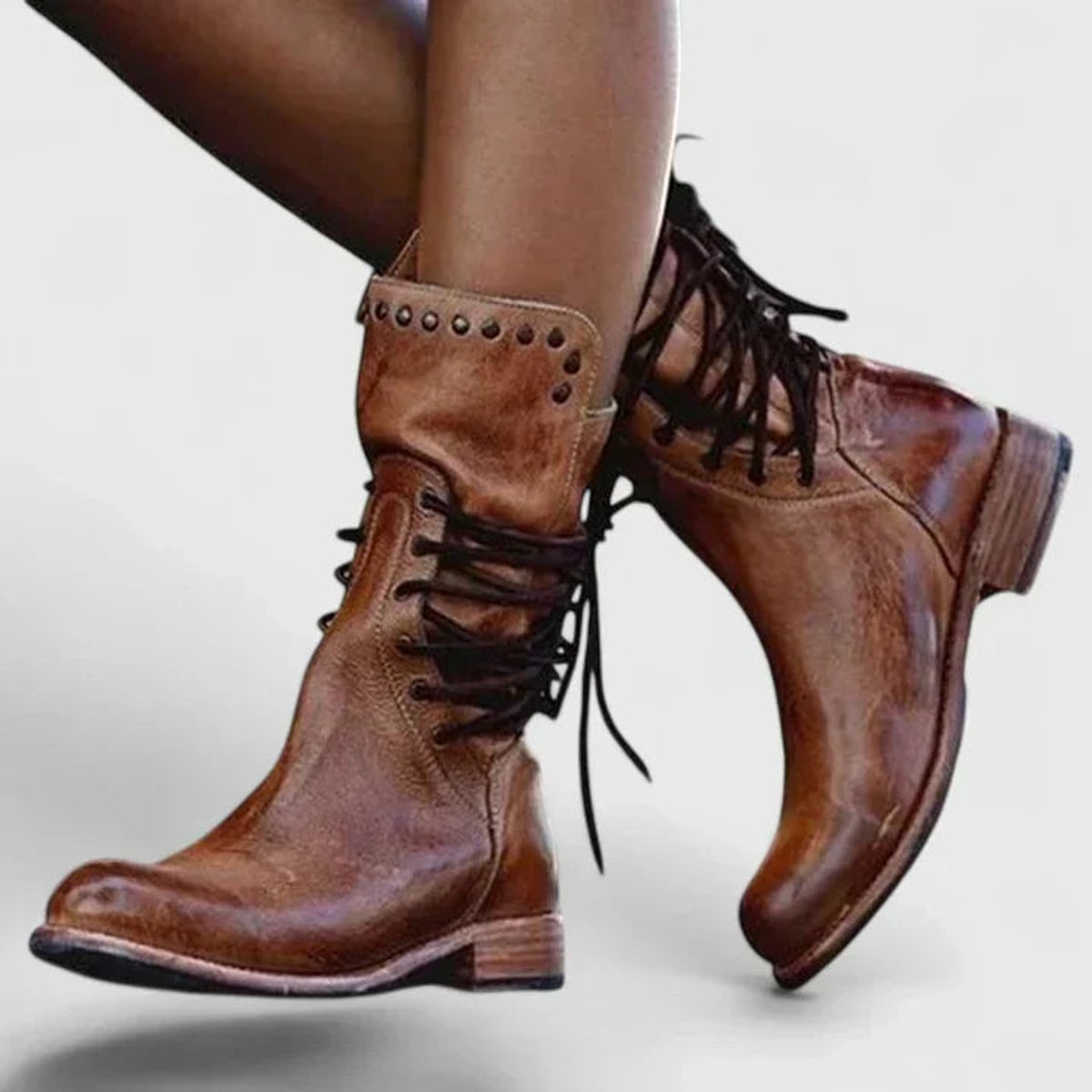 Women's Vintage Lace-Up Studded Knee High Boots Block Heel | Autumn