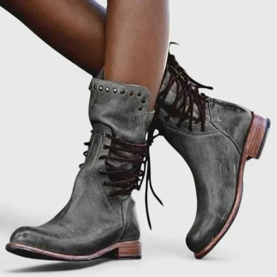 Women's Vintage Lace-Up Studded Knee High Boots Block Heel | Autumn - Grey