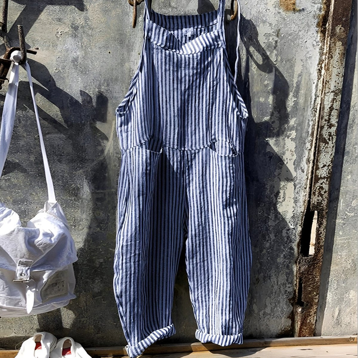 Women's Vintage Striped Loose-Fit Bib Overall Jumpsuit | Spring - Blue