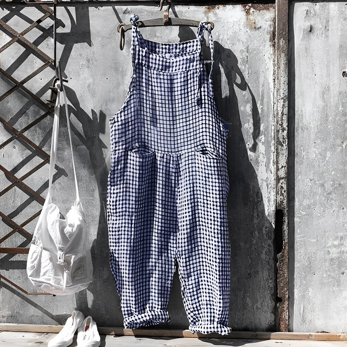 Women's Vintage Striped Loose-Fit Bib Overall Jumpsuit | Spring - Dark Blue