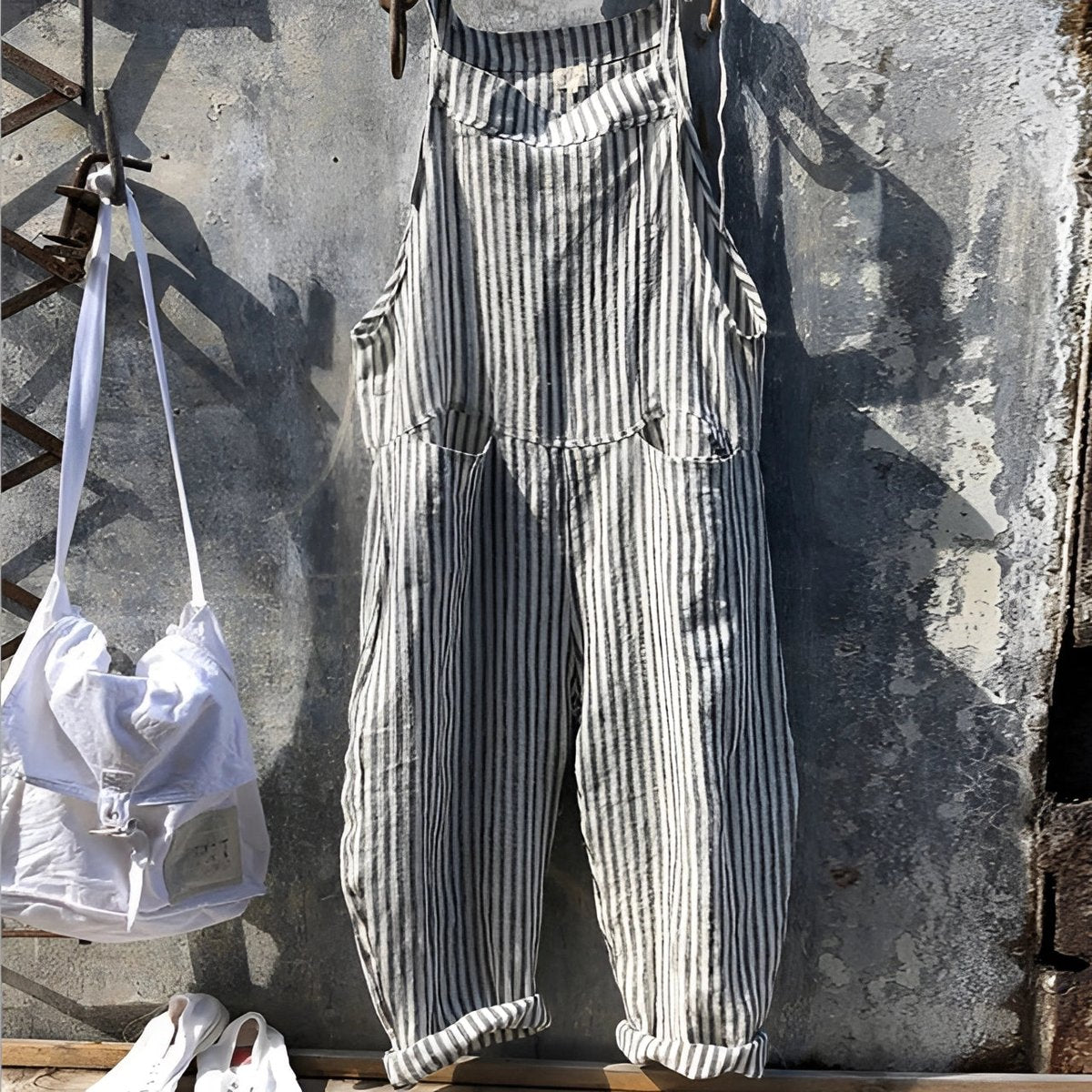 Women's Vintage Striped Loose-Fit Bib Overall Jumpsuit | Spring - Gray