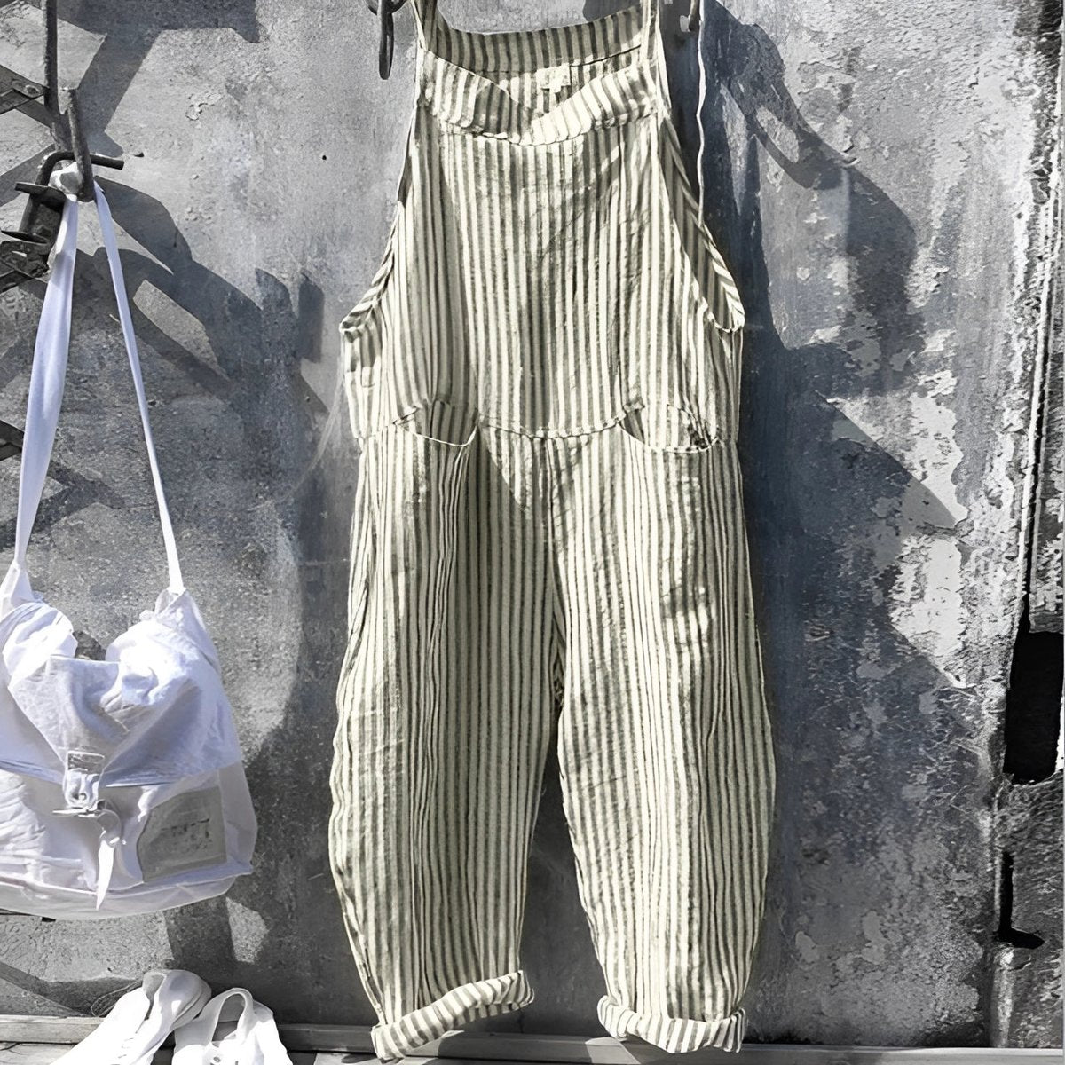 Women's Vintage Striped Loose-Fit Bib Overall Jumpsuit | Spring - Green