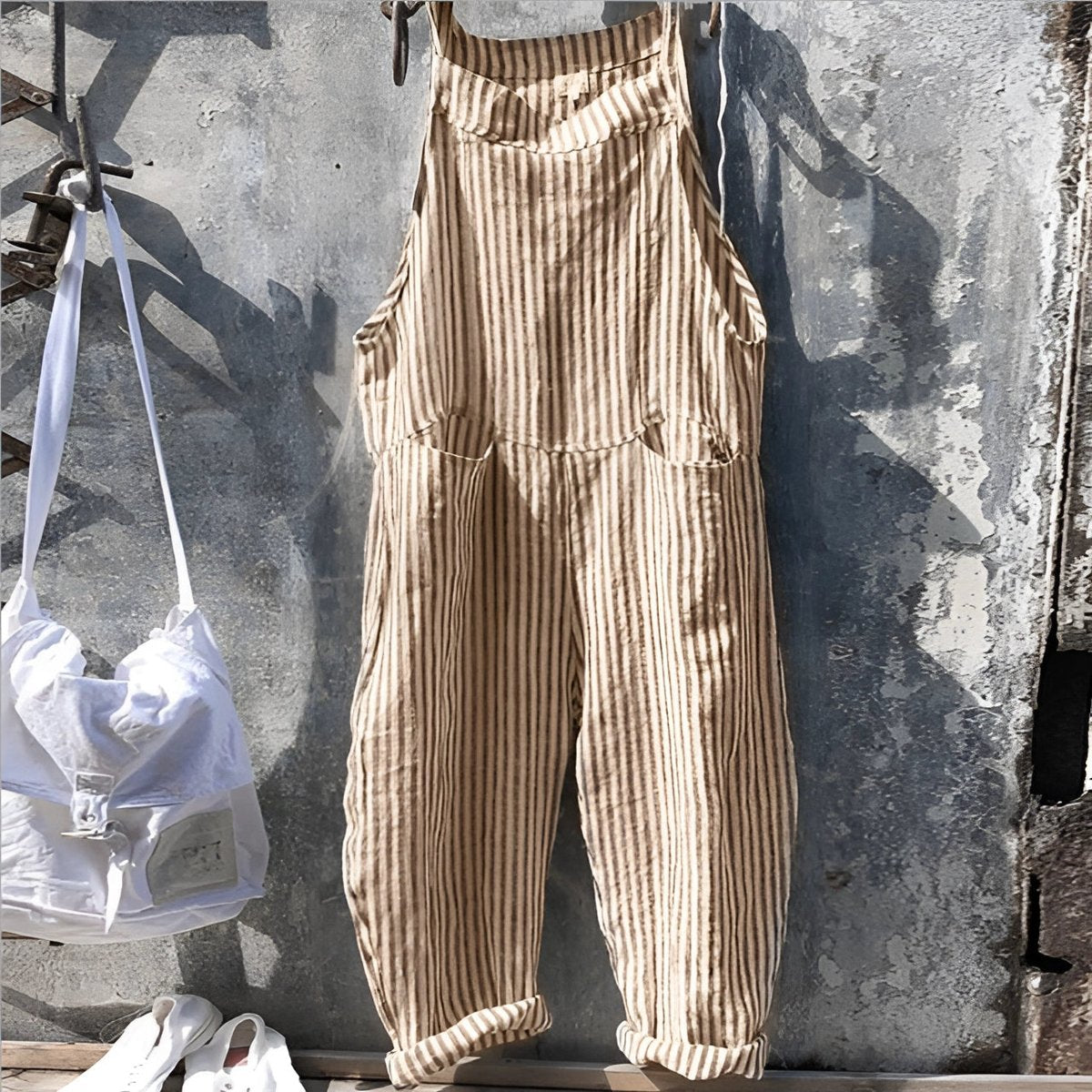 Women's Vintage Striped Loose-Fit Bib Overall Jumpsuit | Spring - Light Brown