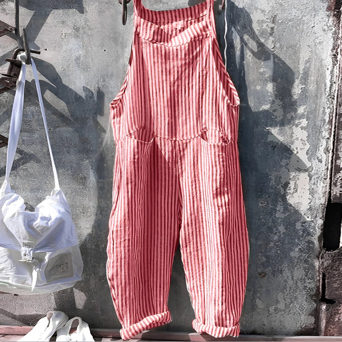 Women's Vintage Striped Loose-Fit Bib Overall Jumpsuit | Spring - Red