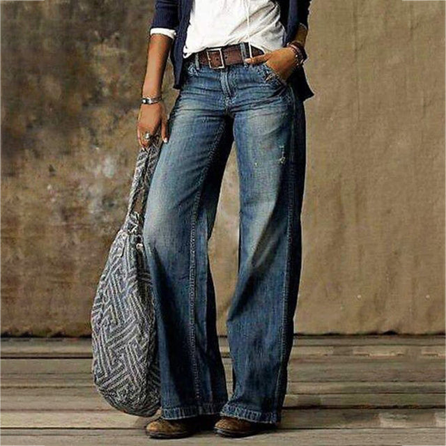 Women's Vintage Wide-Leg Denim Jeans - High-Waist Retro | Spring - Blue