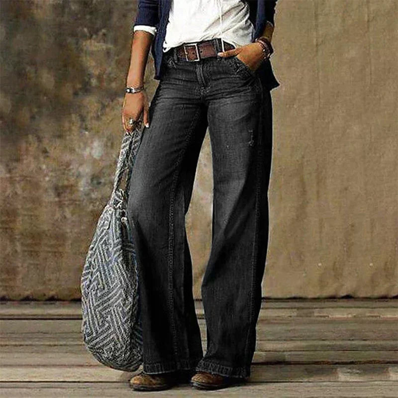 Women's Vintage Wide-Leg Denim Jeans - High-Waist Retro | Spring - Grey