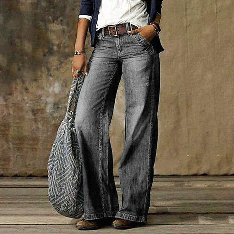 Women's Vintage Wide-Leg Denim Jeans - High-Waist Retro | Spring - Light Grey