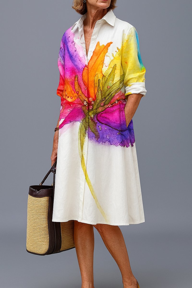 Women's Watercolor Floral Print Midi Shirt Dress - A-Line | Spring - White