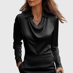 Women's Waterfall Collar Long Sleeve Top - Elegant Drape | Spring - Black