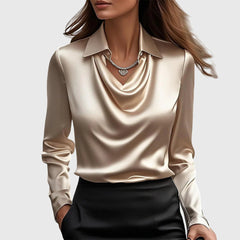 Women's Waterfall Collar Long Sleeve Top - Elegant Drape | Spring - Gold