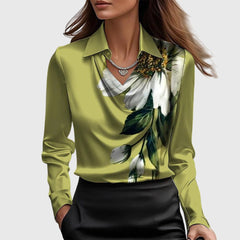 Women's Waterfall Collar Long Sleeve Top - Elegant Drape | Spring - Green