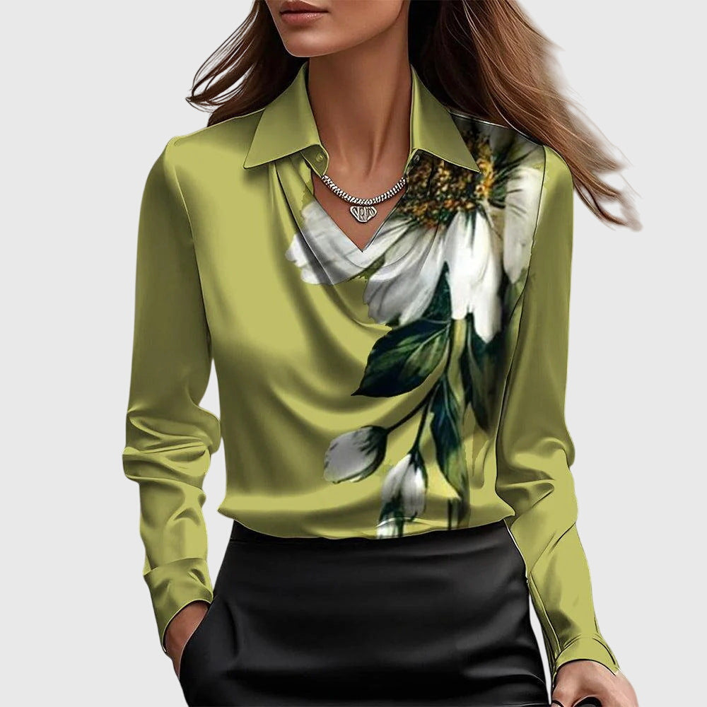 Women's Waterfall Collar Long Sleeve Top - Elegant Drape | Spring - Green