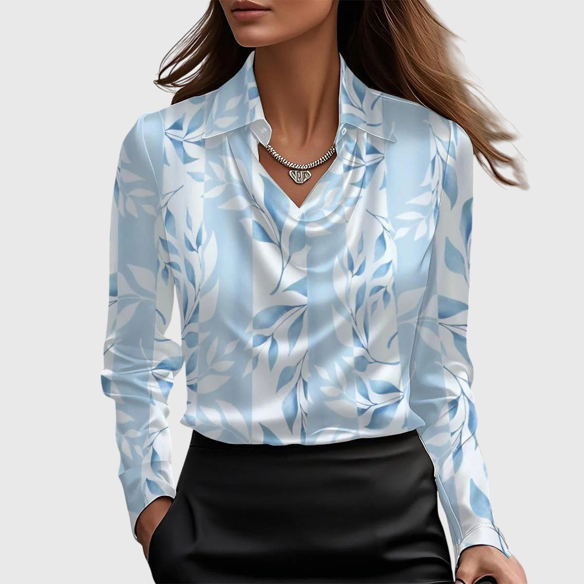 Women's Waterfall Collar Long Sleeve Top - Elegant Drape | Spring - Light Blue Floral