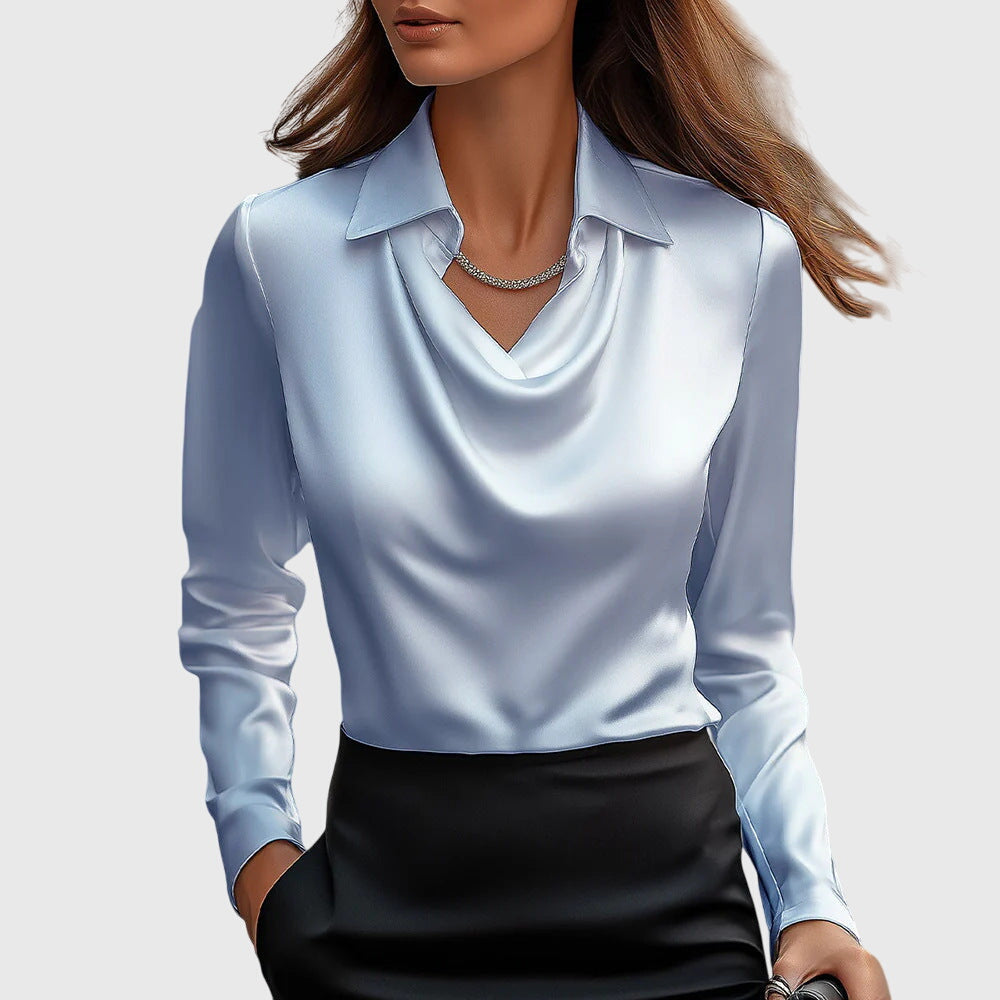 Women's Waterfall Collar Long Sleeve Top - Elegant Drape | Spring - Light Blue