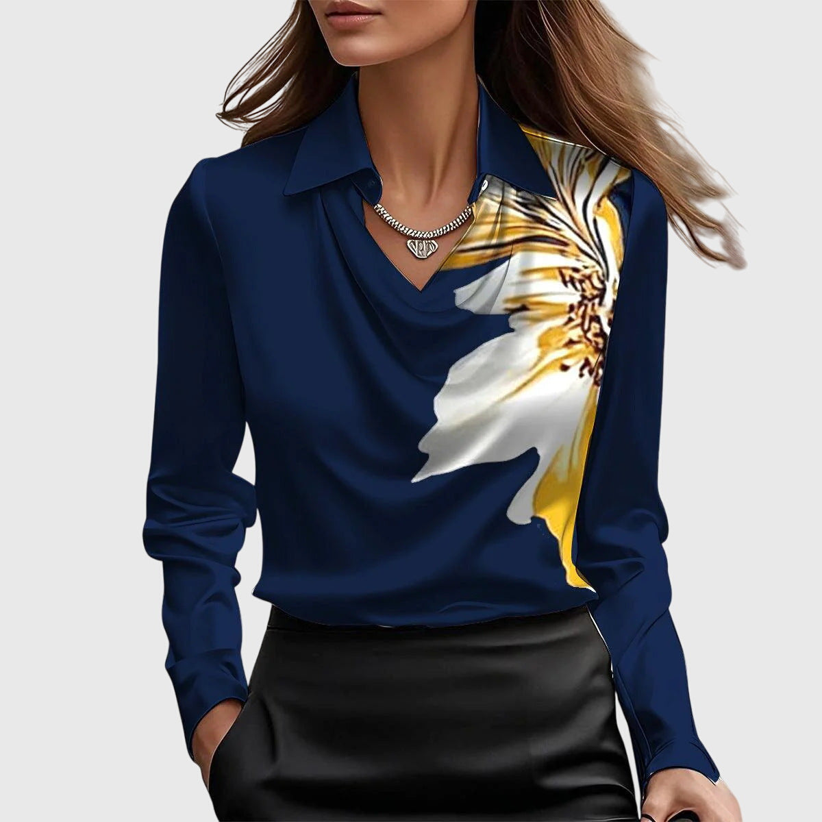 Women's Waterfall Collar Long Sleeve Top - Elegant Drape | Spring - Navy