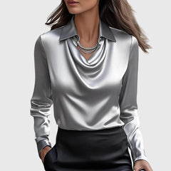 Women's Waterfall Collar Long Sleeve Top - Elegant Drape | Spring - Silver