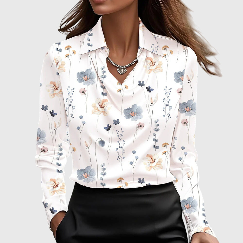 Women's Waterfall Collar Long Sleeve Top - Elegant Drape | Spring - White Floral