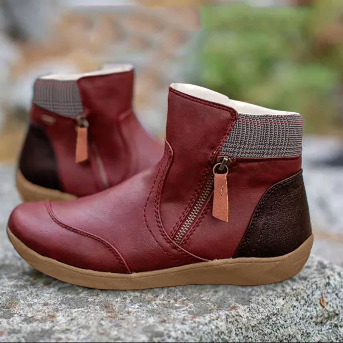 Women's Waterproof Ankle Boots Leather Zipper - Everyday Protection - Red