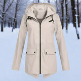 Women's Waterproof Hooded Rain Jacket - Longline Zip-Up | Winter - Apricot
