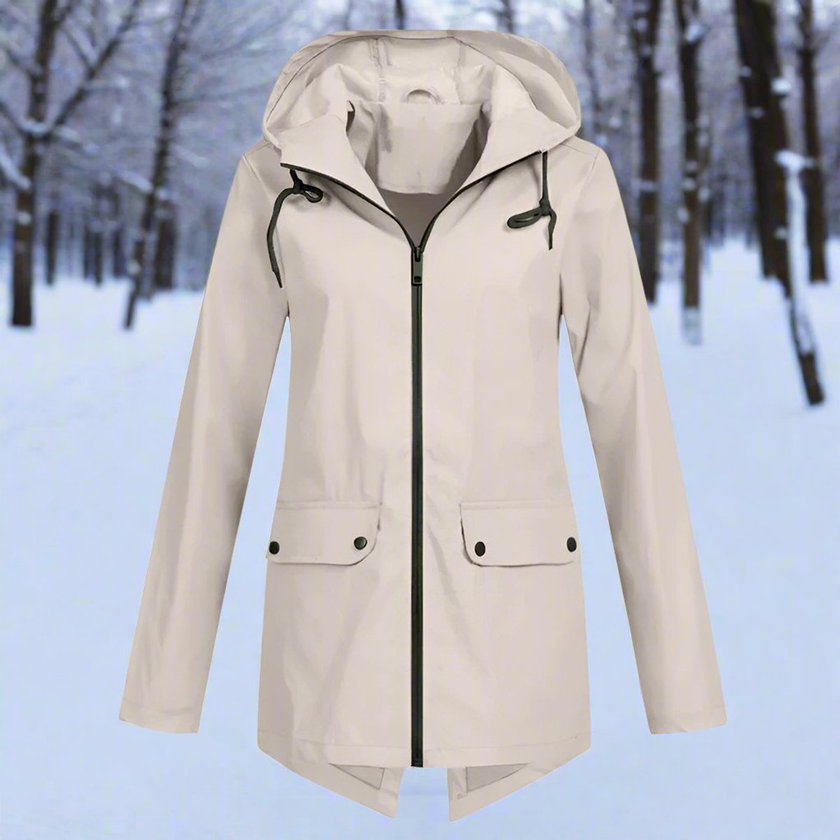 Women's Waterproof Hooded Rain Jacket - Longline Zip-Up | Winter - Apricot