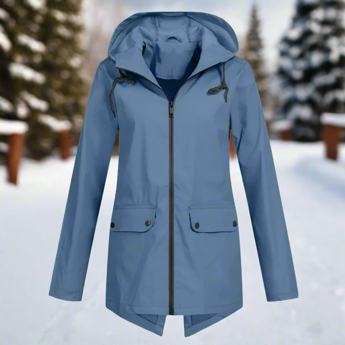 Women's Waterproof Hooded Rain Jacket - Longline Zip-Up | Winter - Blue