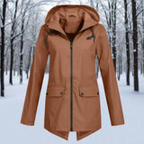 Women's Waterproof Hooded Rain Jacket - Longline Zip-Up | Winter - Brown
