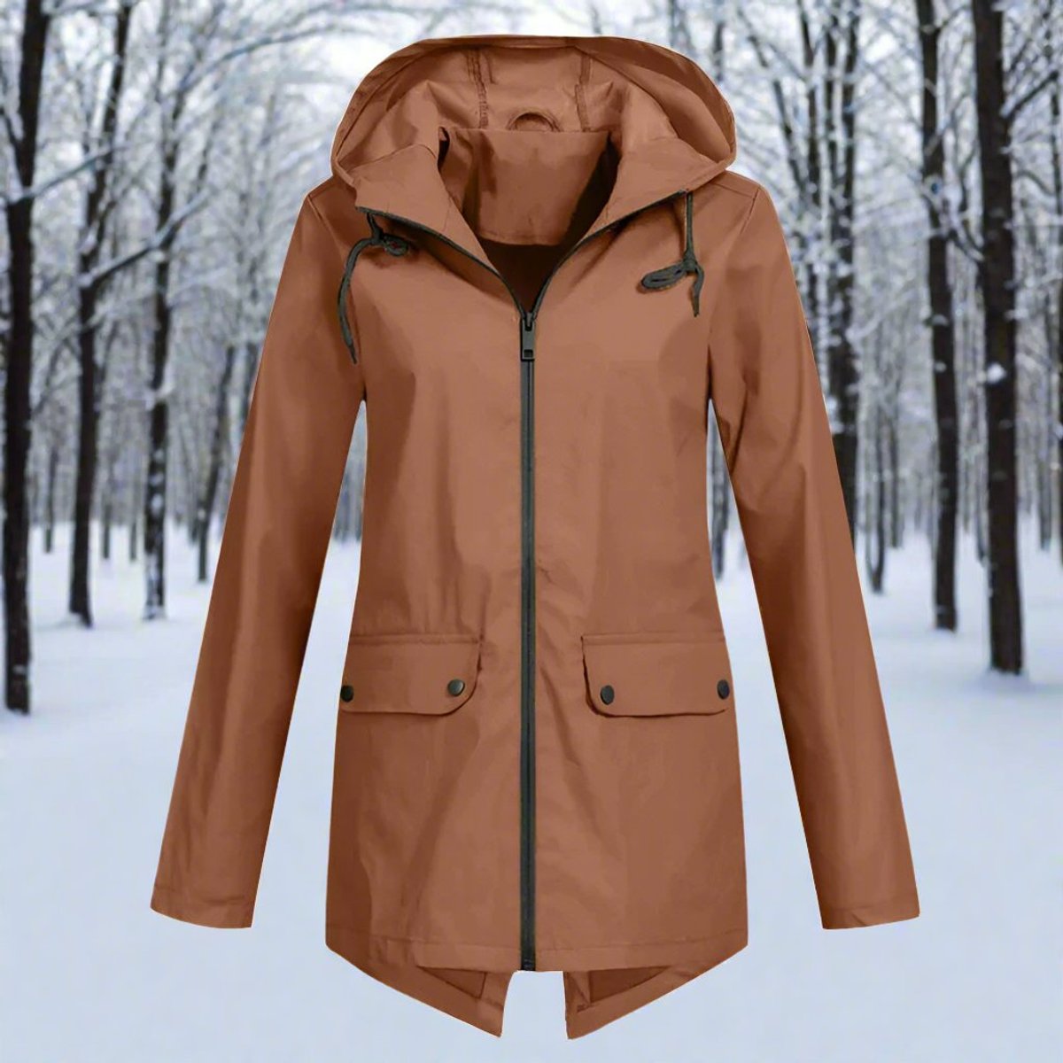 Women's Waterproof Hooded Rain Jacket - Longline Zip-Up | Winter - Brown