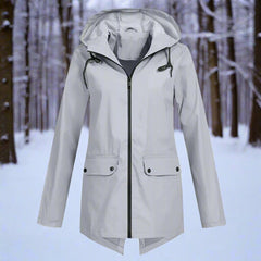 Women's Waterproof Hooded Rain Jacket - Longline Zip-Up | Winter - Grey