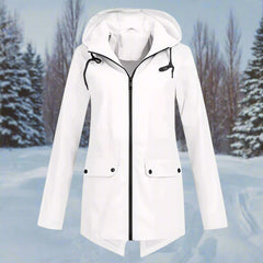 Women's Waterproof Hooded Rain Jacket - Longline Zip-Up | Winter - White