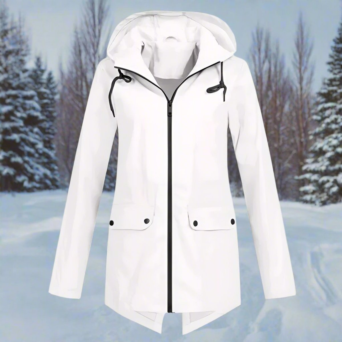Women's Waterproof Hooded Rain Jacket - Longline Zip-Up | Winter - White
