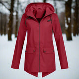 Women's Waterproof Hooded Rain Jacket - Longline Zip-Up | Winter - Wine Red