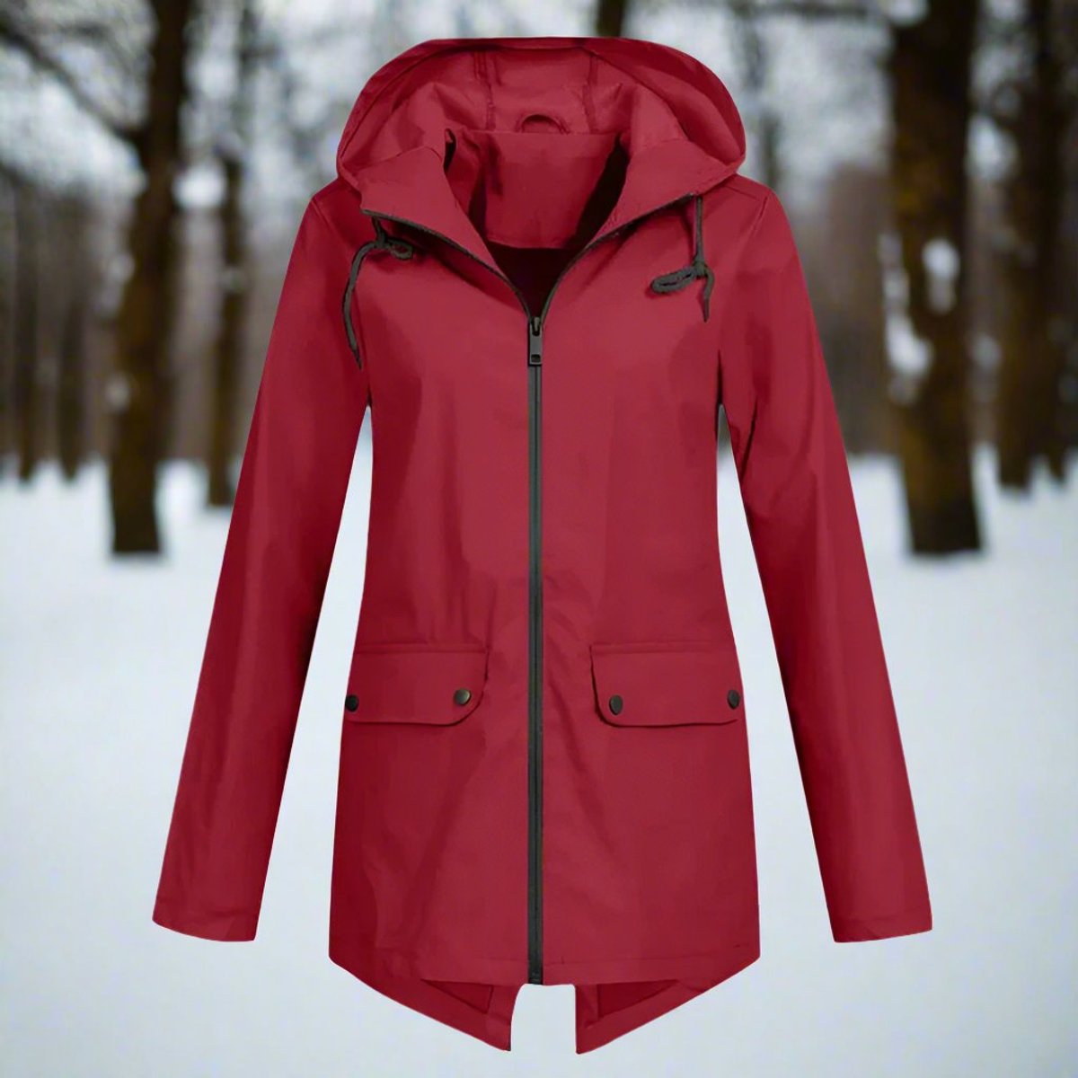 Women's Waterproof Hooded Rain Jacket - Longline Zip-Up | Winter - Wine Red