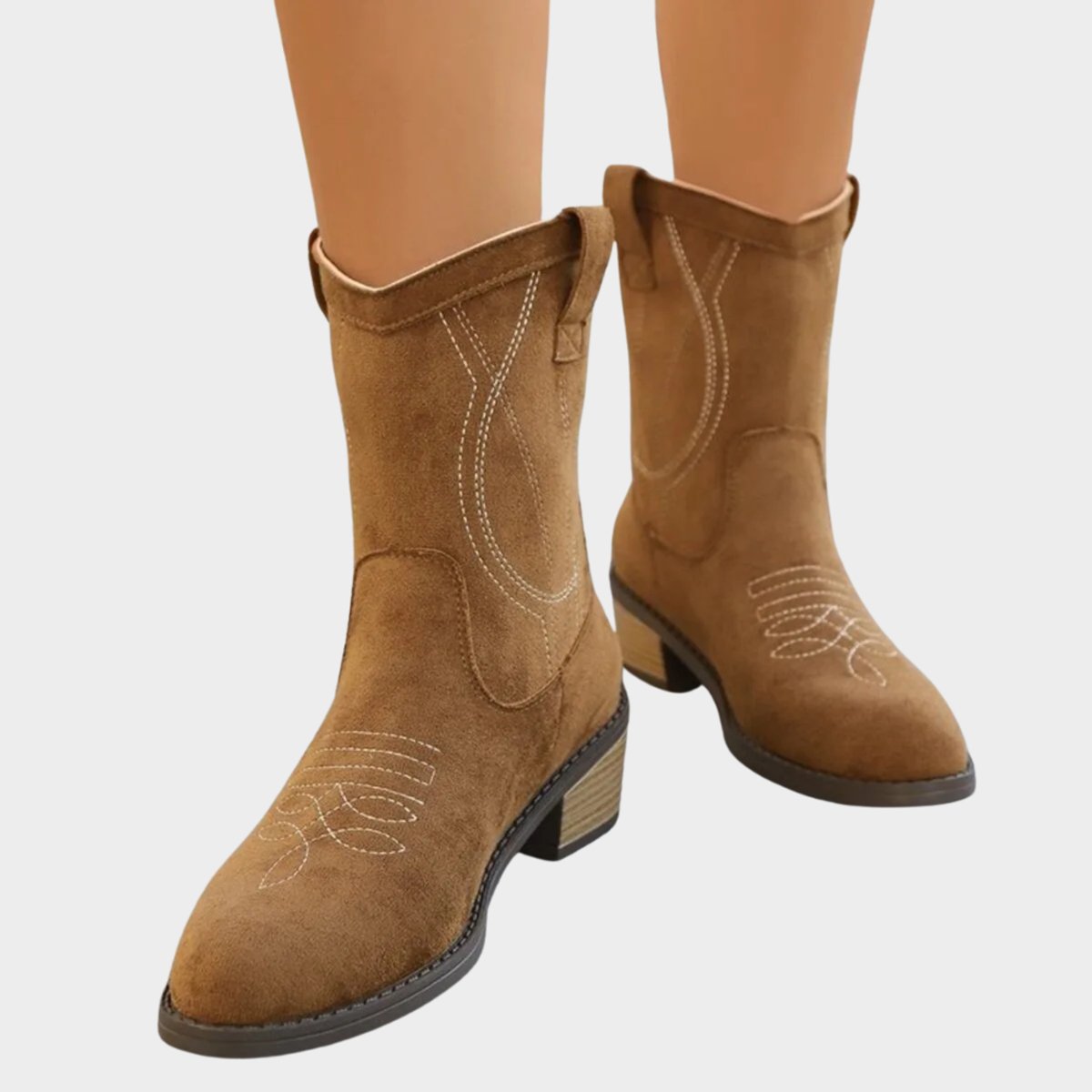 Women's Western Embroidered Suede Mid-Calf Boots - Pointed Toe