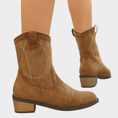 Women's Western Embroidered Suede Mid-Calf Boots - Pointed Toe