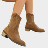 Women's Western Embroidered Suede Mid-Calf Boots - Pointed Toe - Khaki
