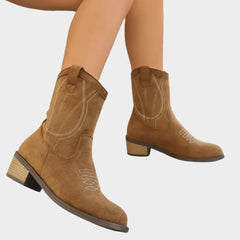 Women's Western Embroidered Suede Mid-Calf Boots - Pointed Toe - Khaki
