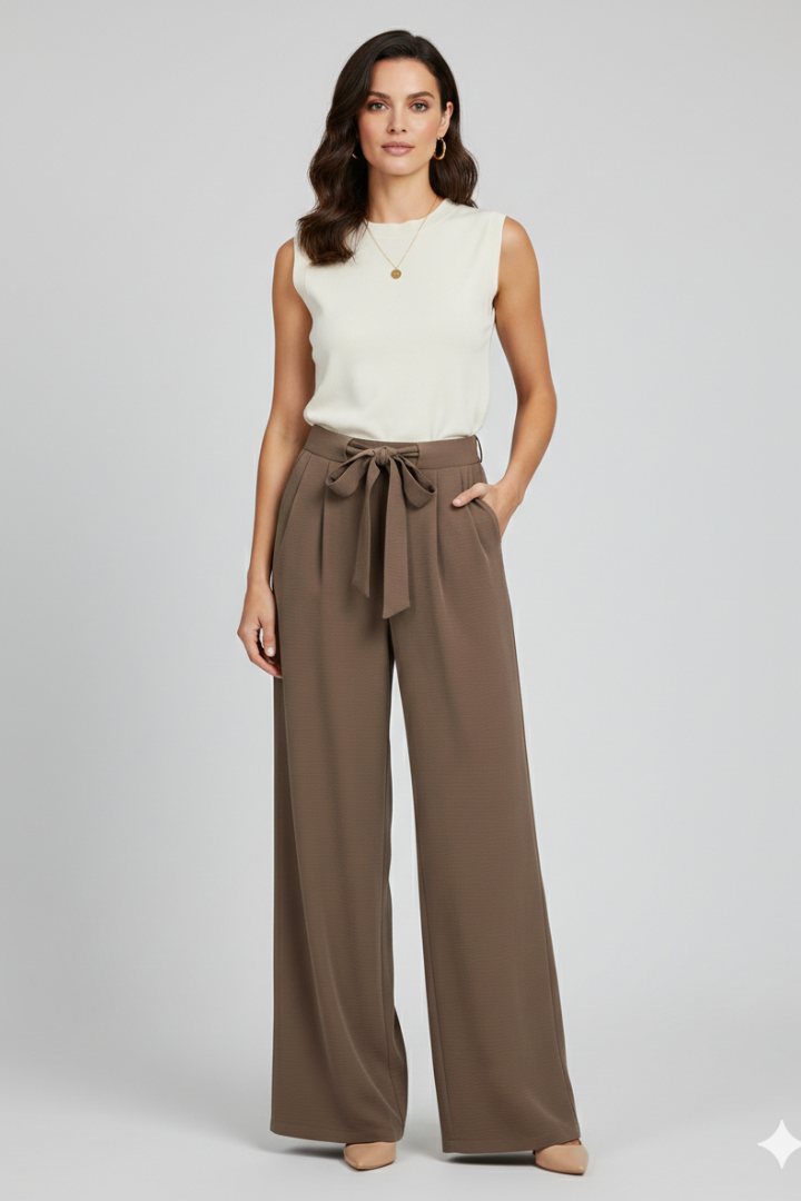 Women's Wide-Leg Palazzo Pants - Drawstring Waist | Spring - Brown