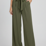 Women's Wide-Leg Palazzo Pants - Drawstring Waist | Spring - Olive Green