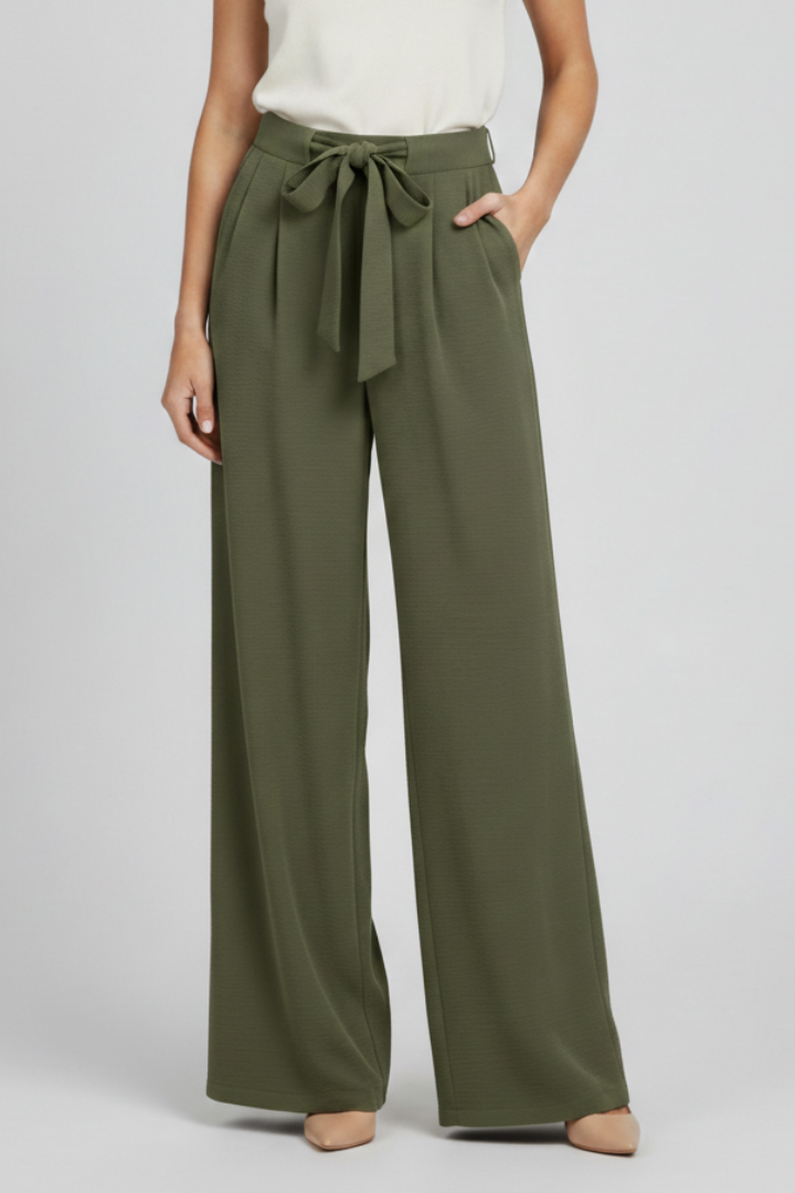 Women's Wide-Leg Palazzo Pants - Drawstring Waist | Spring - Olive Green