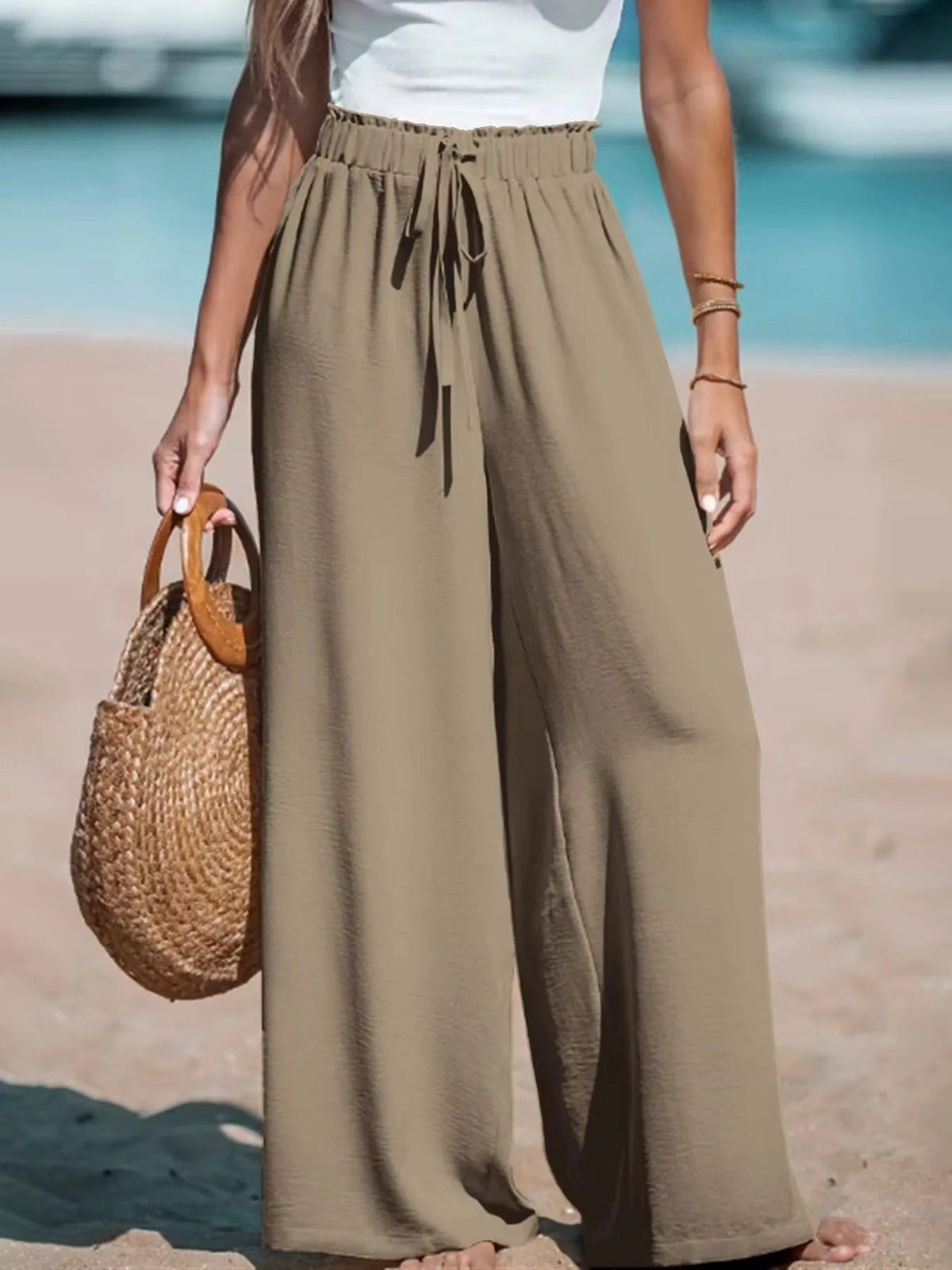 Women's Wide-Leg Palazzo Pants with Tie Waist | Summer - Beige