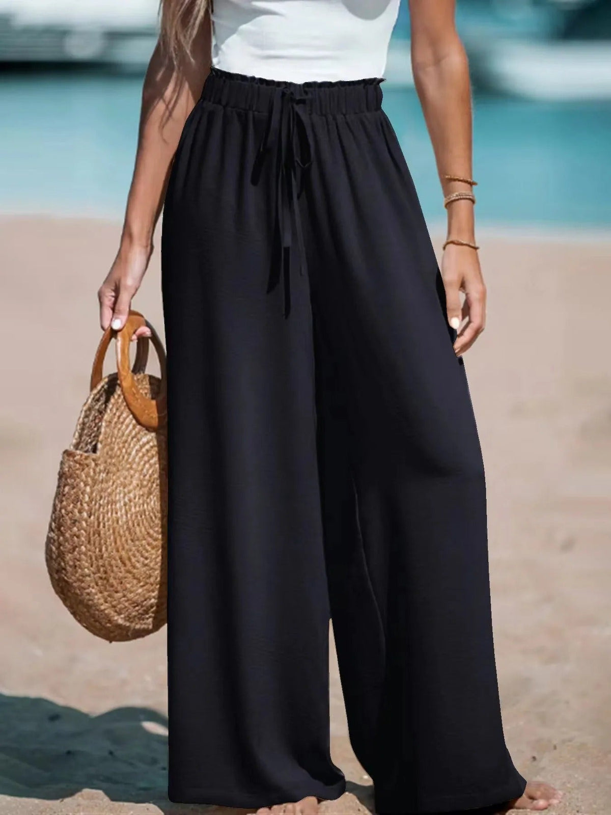 Women's Wide-Leg Palazzo Pants with Tie Waist | Summer - Black
