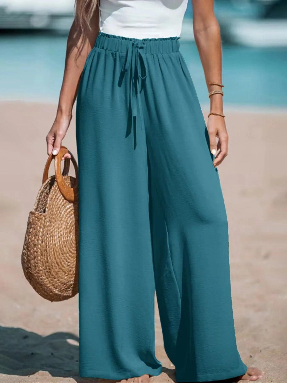 Women's Wide-Leg Palazzo Pants with Tie Waist | Summer - Cream