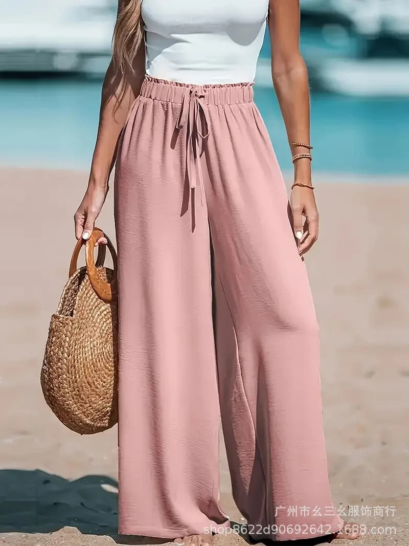 Women's Wide-Leg Palazzo Pants with Tie Waist | Summer - Grey